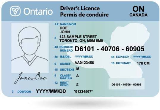 Sample Ontario driver’s licence with fictional Jane Doe details