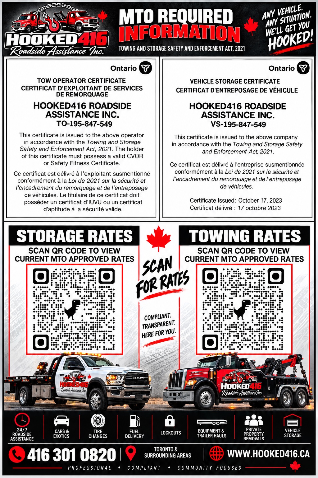 Hooked416 information poster showing tow operator certificate TO-195-847-549 and vehicle storage certificate VS-195-847-549, with towing and storage rate QR codes.